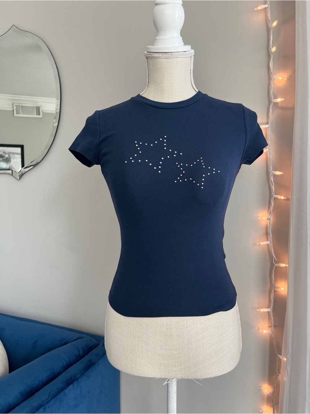 Bershka Navy Baby Tee | Star Gem Detail | Like New | Size Small